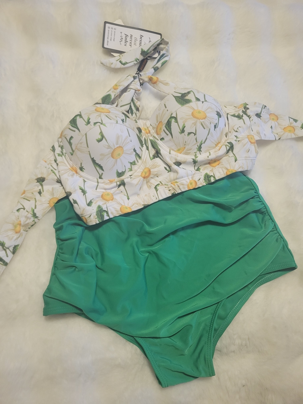 Daisy-Print White Halter Bikini Top with Green High-Waist Bottoms